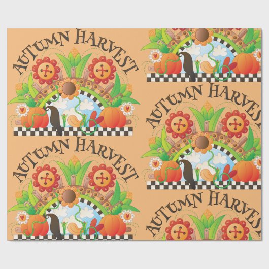 Herfst Oogst Folk Art Pompoen en Zonnebloem Herfst Cadeaupapier (Vlak)