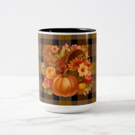 Herfst oogst gespeeld met seizoensgebonden hoorn d tweekleurige koffiemok