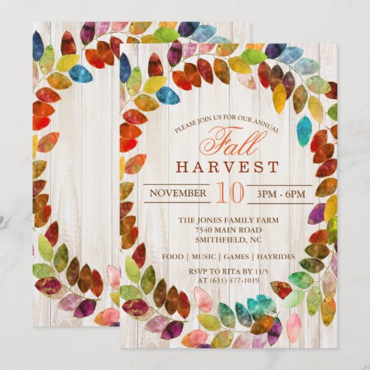 Herfst Oogst Glitter Bladeren Krans Uitnodiging (Voorkant / Achterkant)
