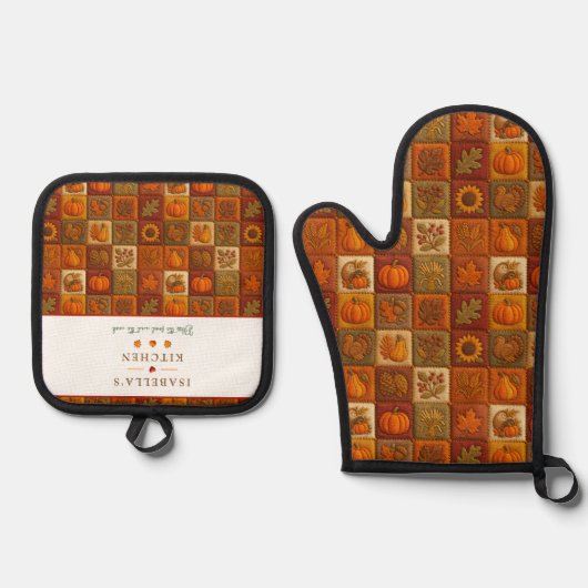 Herfst Oogst Patchwork met Zegening Quote Ovenwant & Pannenlap Set (Voorkant)