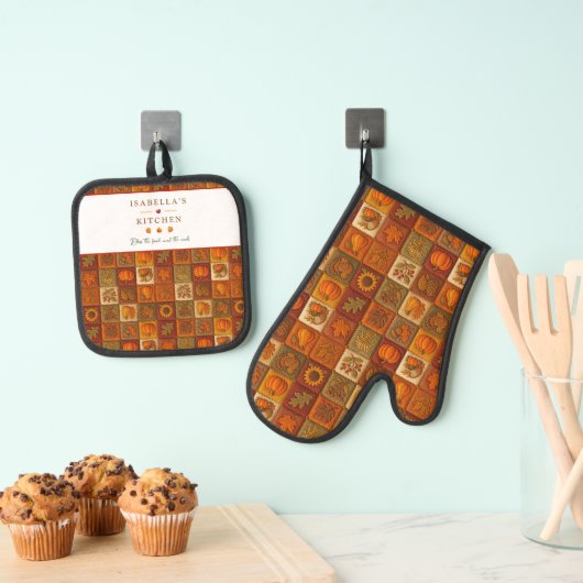 Herfst Oogst Patchwork met Zegening Quote Ovenwant & Pannenlap Set (Insitu(Ophanging))