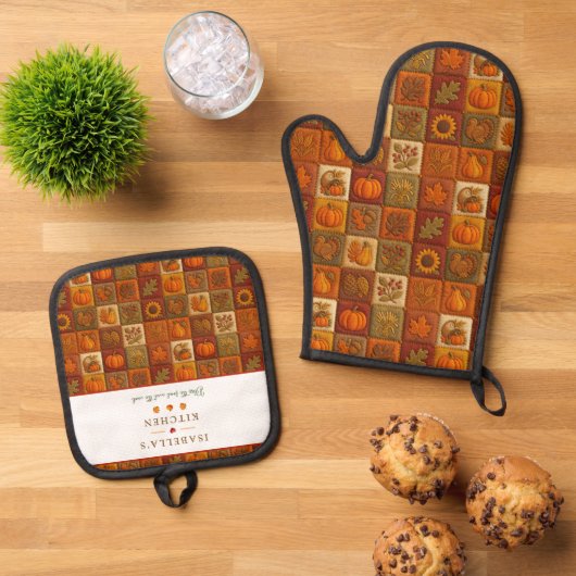 Herfst Oogst Patchwork met Zegening Quote Ovenwant & Pannenlap Set (Top down)