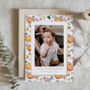 Herfst Oogst Pompoen Patroon Thanksgiving Foto Folie Feestdagenkaart