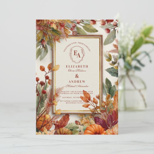 Herfst Oogst Pompoenblad bruiloft Kaart (Staand voorkant)