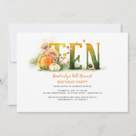 Herfst Oogst Pompoenen 10 Verjaardagsfeestuitnodig Kaart (Voorkant)