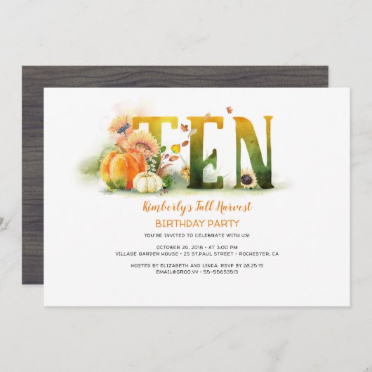Herfst Oogst Pompoenen 10 Verjaardagsfeestuitnodig Kaart (Voorkant / Achterkant)