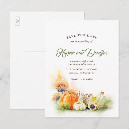 Herfst Oogst Pompoenen en Zonnebloemen Save the Da Aankondigingskaart (Voorkant / Achterkant)