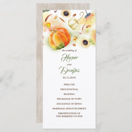 Herfst Oogst Pompoenen Zonnebloemen Trouwprogramma Programmakaart (Voorkant / Achterkant)