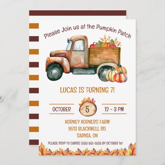 Herfst oogst truck, pompoen patch, verjaardagsfees kaart (Voorkant / Achterkant)