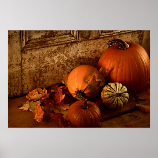 Herfst oogsten/pompoenen en pompoenen aan de deur poster (Voorkant)