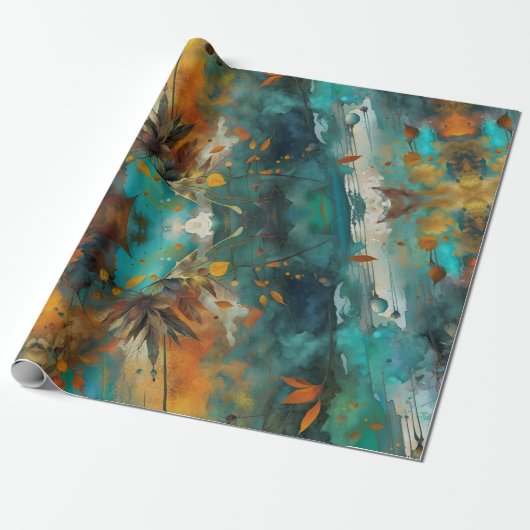 Herfst oogstverf Blauwgroen Rust Gold Abstract Cadeaupapier (Uitgerold)