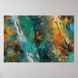 Herfst oogstverf Blauwgroen Rust Gold Abstract Poster