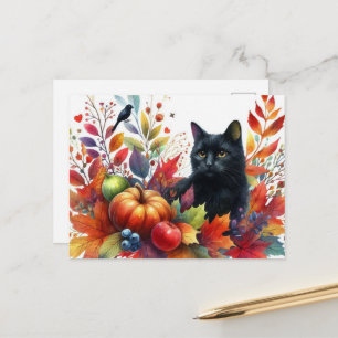 Herfst Oranje Bladeren en Zwarte Kat Ansichtkaart Briefkaart
