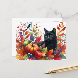 Herfst Oranje bladeren en zwarte kat Briefkaart