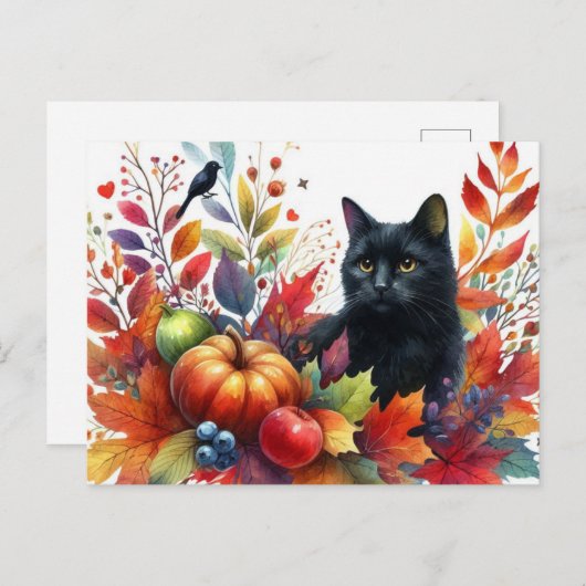 Herfst Oranje bladeren en zwarte kat Briefkaart (Voorkant / Achterkant)