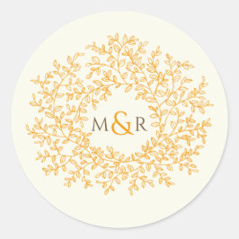 Herfst oranje bladeren op het witte huwelijksmonog ronde sticker