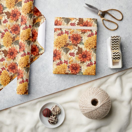 Herfst Oranje Bloemen Cadeaupapier (Crafts)