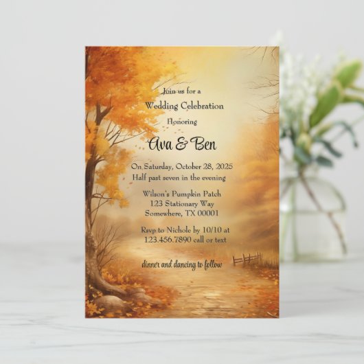 Herfst Oranje Boom Rustiek Huwelijksfeest Kaart (Staand voorkant)