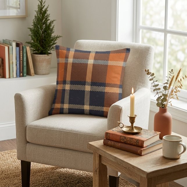 Herfst Oranje en Blauwe Ruit Kussen (Autumn Orange and Blue Plaid Throw Pillow)