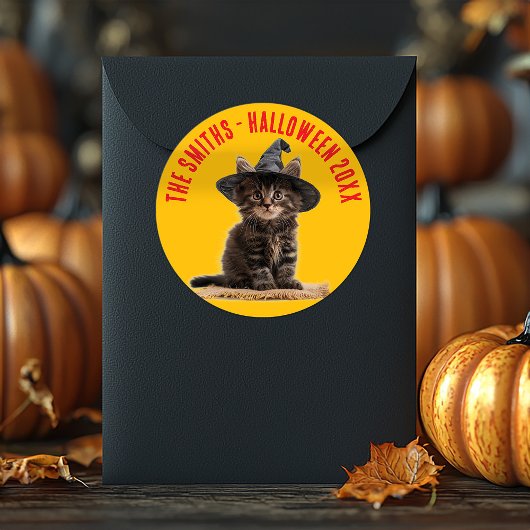 Herfst Oranje en rode kitten heks Halloween Ronde Sticker