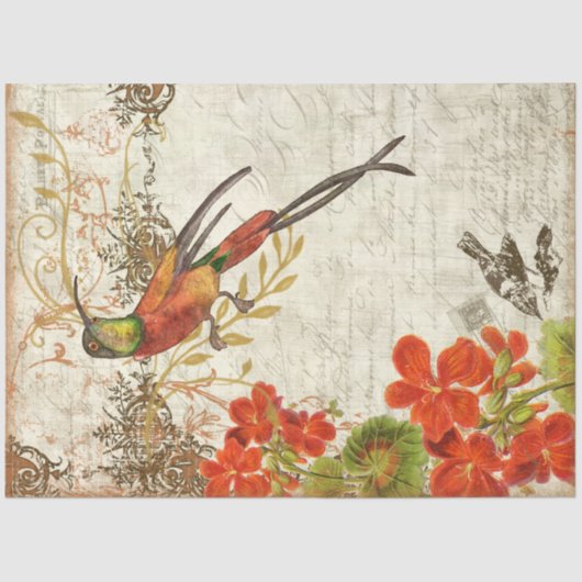 Herfst Oranje Floral Foliage Bird Script Decoupage Tissuepapier (Voorkant)