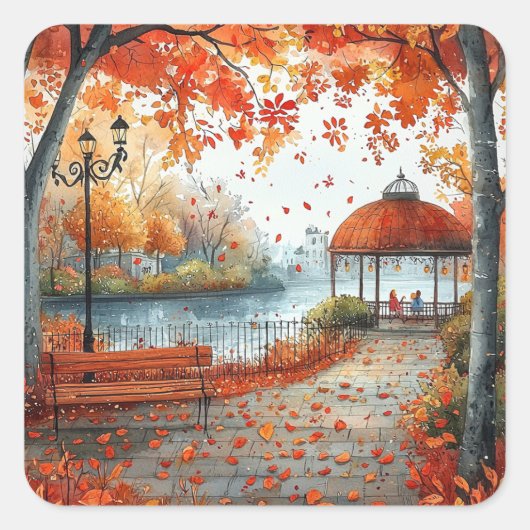 Herfst Oranje Gazebo Park Illustratie Vierkante Sticker (Voorkant)