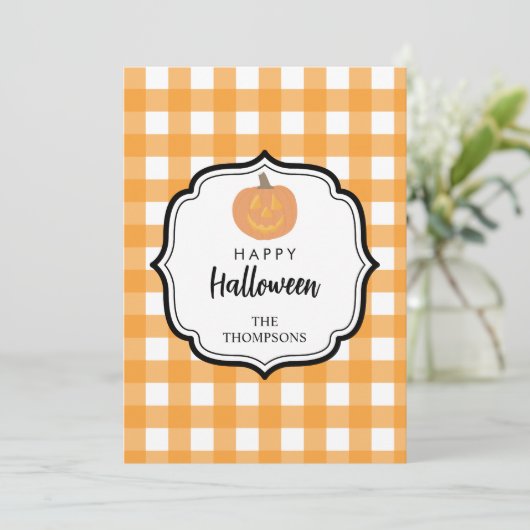 Herfst Oranje Geruit Halloween Pompoen Feestdagenkaart (Staand voorkant)