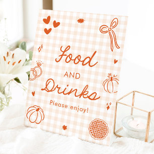 Herfst Oranje Gingham Handgetekend Eten en Drinken Reclamebord Met Voetstuk