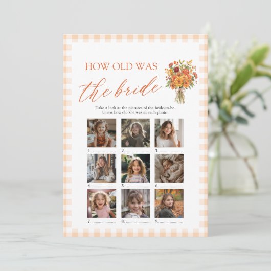 Herfst Oranje Gingham Hoe Oud Was De Bruid Spel Kaart (Staand voorkant)