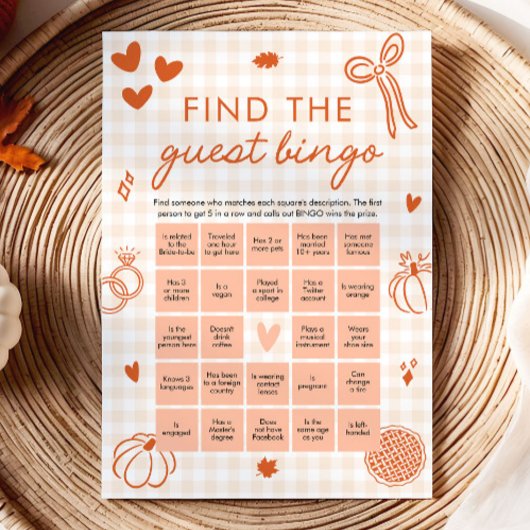 Herfst Oranje Gingham Vind de Gast Bingo Spel Kaart