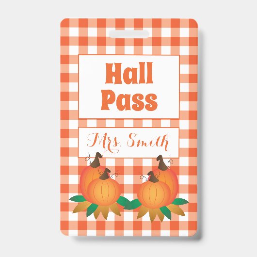 Herfst oranje Hall Pass met naam Badge (Voorzijde)