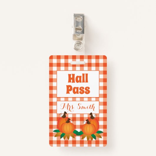 Herfst oranje Hall Pass met naam Badge (Voorkant met clip)