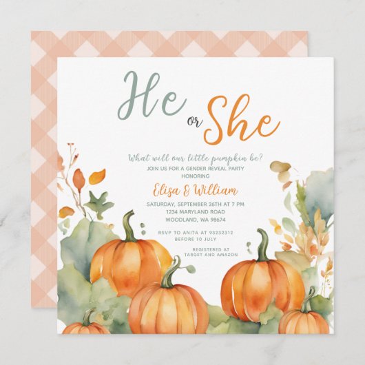 Herfst Oranje pompoen Hij of zij Gender Reveal Kaart (Voorkant / Achterkant)
