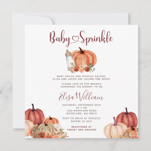 Herfst Oranje Pompoenmelk Fles Baby Strooi Kaart (Voorkant)