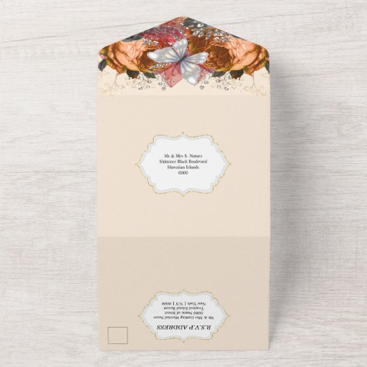 Herfst oranje vlinderkapper glitter roos all in one uitnodiging (Buitenkant)