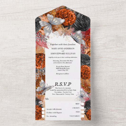 Herfst oranje vlinderkapper glitter roos all in one uitnodiging (Binnen)