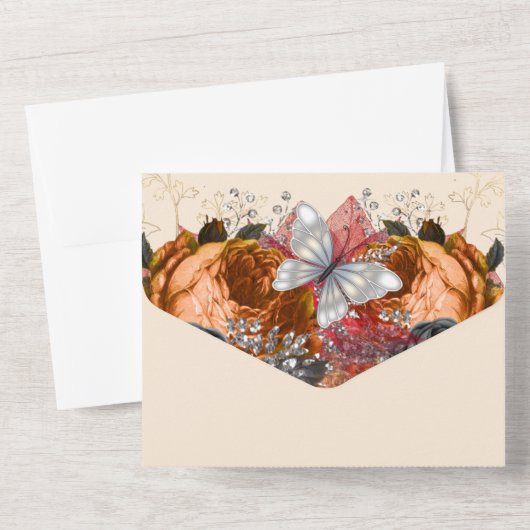 Herfst oranje vlinderkapper glitter roos all in one uitnodiging (Achterkant)