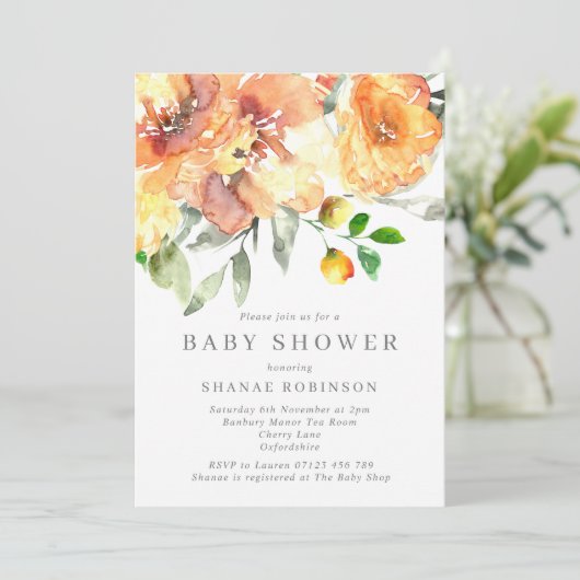 Herfst Oranje Waterverf Flowers Baby shower Kaart (Staand voorkant)