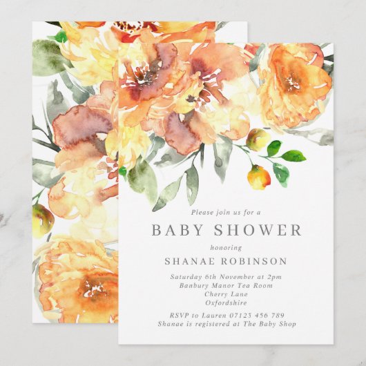 Herfst Oranje Waterverf Flowers Baby shower Kaart (Voorkant / Achterkant)