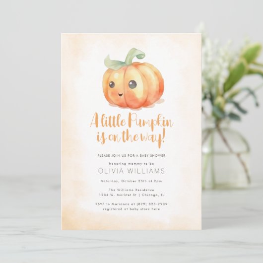 Herfst Oranje Waterverf Kleine Pompoen Baby shower Kaart (Staand voorkant)