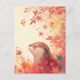 Herfst Otter in rode esdoornbladeren Briefkaart
