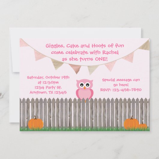 Herfst Owl op uitnodiging van Fence Pink Birthday (Voorkant)