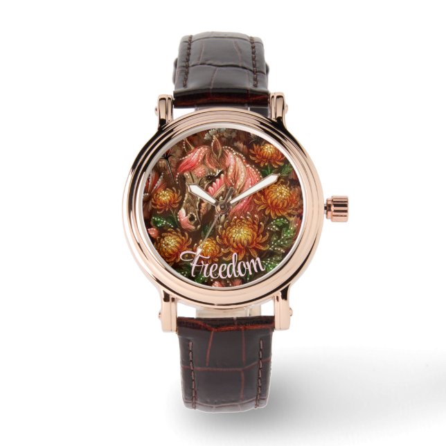 Herfst Paard Bloemen Chrysanten Gepersonaliseerd Horloge (Voorkant)