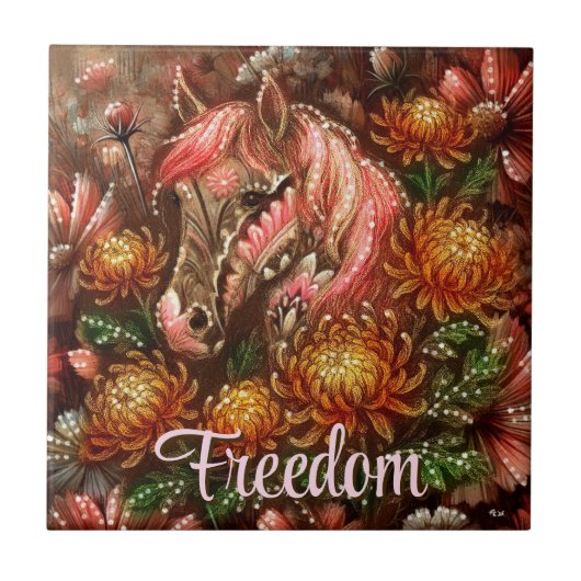 Herfst Paard Bloemen Chrysanten Gepersonaliseerd Tegeltje (Voorkant)