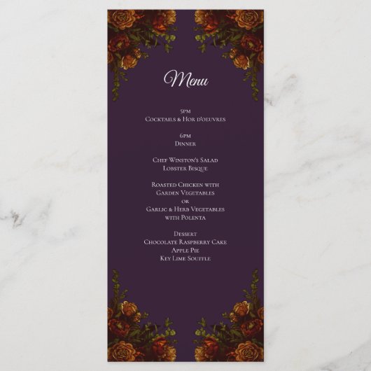 Herfst Paars Rustisch Sinaasappel Wedding Elegant Menu (Voorkant)