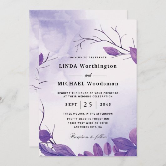 Herfst paars vertrekt trouwuitnodigingen kaart (Voorkant / Achterkant)