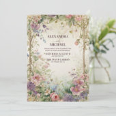 Herfst Paarse Bloemen Art Nouveau Bruiloft Kaart (Staand voorkant)