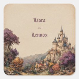 Herfst Paarse Kasteel Dorp Sprookjesboek Bruiloft Vierkante Sticker