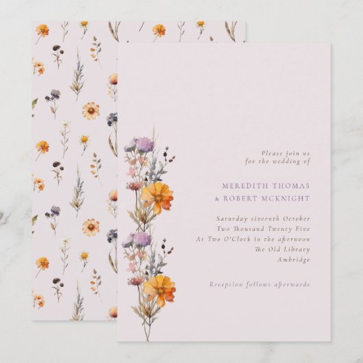 Herfst Paarse & Oranje Wildflowers Wedding Kaart (Voorkant / Achterkant)
