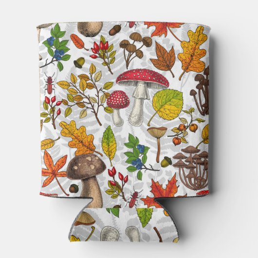 Herfst paddenstoelen, bladeren, noten en bessen op blikjeskoeler (Achterkant)